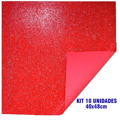 Kit 10 Folhas EVA Emborrachado com Glitter 40 x 48cm Vermelho Intenso